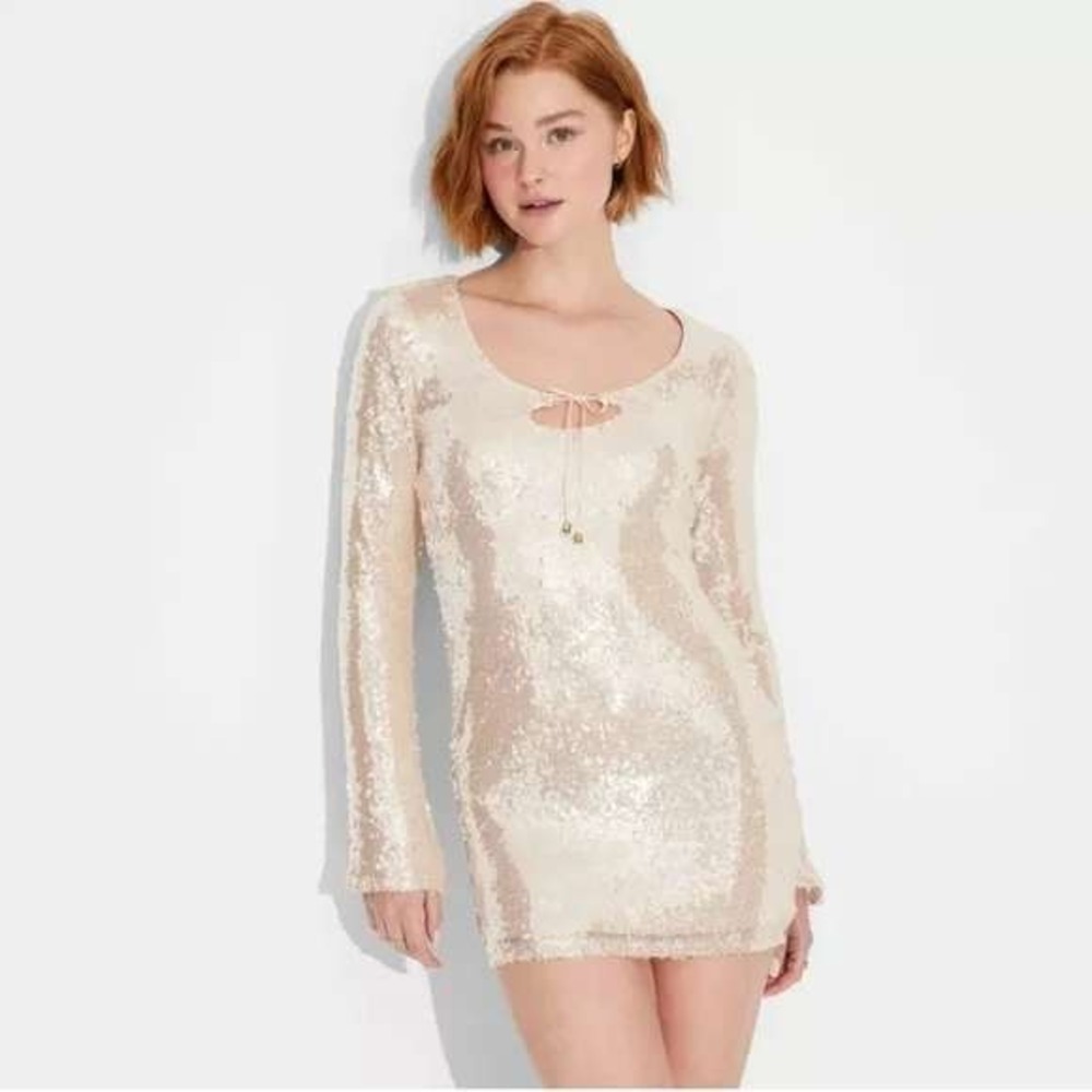Wild Fable Women's Long Sleeve Sequin Mini Dress Off-White S
